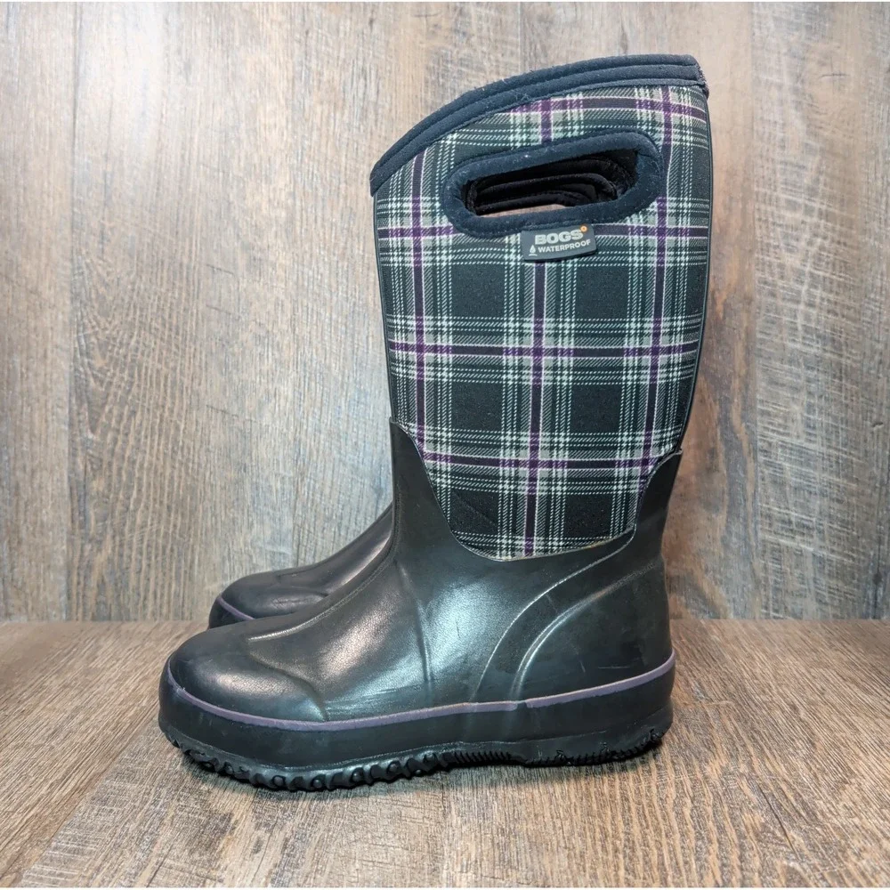 Bogs Kids Youth Size 1 Waterproof Insulated Rain Boots Black Plaid Boys Girls